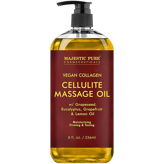 MAJESTIC PURE Anti Cellulite Massage Oil - with Vegan Collagen & Stem Cells, Cellulite Cream for Skin Tightening and Cellulite Remover in Thighs and Butt - 8 fl oz