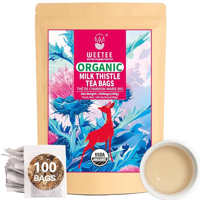 WT WEETEE Organic Milk Thistle Tea Bags, 100% Pure & Natural Roasted Milk Thistle Seeds, Caffeine-free Herbal Tea Detox Tea 2g x 100 Counts
