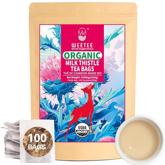 WT WEETEE Organic Milk Thistle Tea Bags, 100% Pure & Natural Roasted Milk Thistle Seeds, Caffeine-free Herbal Tea Detox Tea 2g x 100 Counts