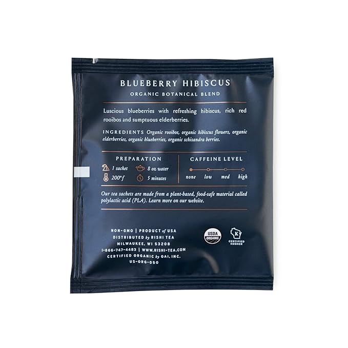 Rishi Tea Blueberry Hibiscus Herbal Tea - Organic, Caffeine Free Sachet Bags, Sweet & Tangy with Antioxidants, Enjoy Hot or Iced - 50 Count