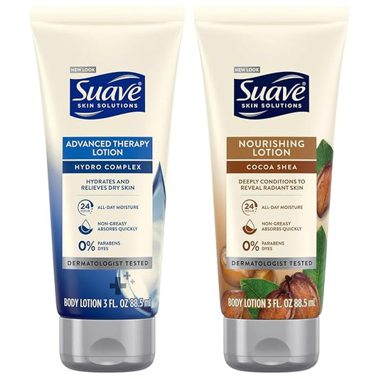 Suave Lotion Variety Pack – Advanced Therapy Hydro Complex & Nourishing Lotion Cocoa Shea, Moisture-Rich Body Lotion for Extremely Dry Skin, 3 Oz Ea (2 Piece Set)