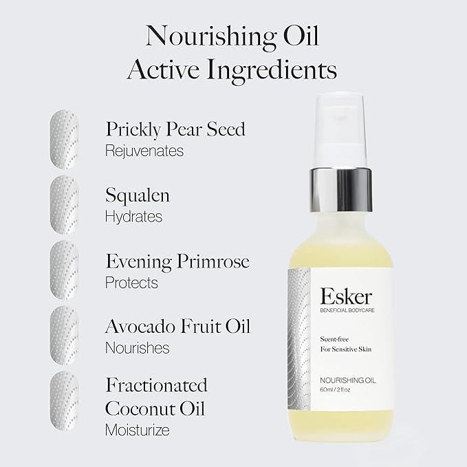 ESKER Nourishing Body Oil For Sensitive Skin Formulated to Hydrate and Retstore Dry Skin Infused with Prickly Pear Oil | Unscented | Vegan | Cruelty-Free Clean Beauty (2 fl oz | 60 ml)