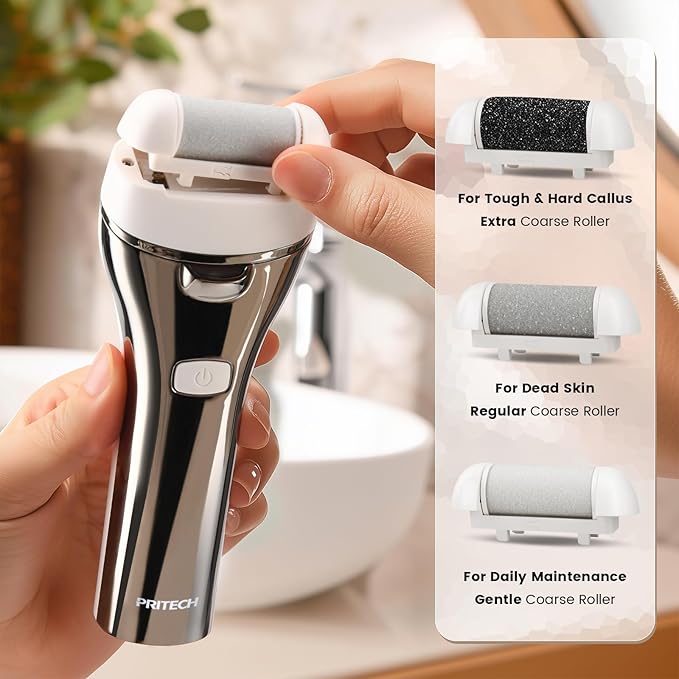Electric Foot Callus Remover, Rechargeable Portable Electronic Foot File Pedicure Kits, 3 Roller Heads, 3 Speed, Battery Display for Remove Cracked Heels Calluses and Dead Skin Ideal Gift