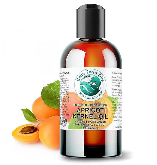 Bella Terra Oils - Organic Apricot Seed Oil 8 oz - Embrace the Bitter Organic Apricot Kernels Richness, Vitamin-Enriched, Perfect for Soothing & Moisturizing Skin