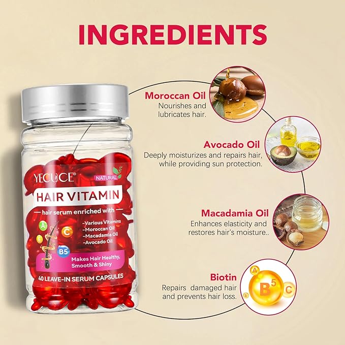 Hair Styling Serum for Frizzy & Dry Hair, Hair Oils Vitamins in Capsules, Hair Treatment Serum with Moroccan, Macadamia Oil - Vitamins A C E B5 Hair Oil Capsules for Women Men