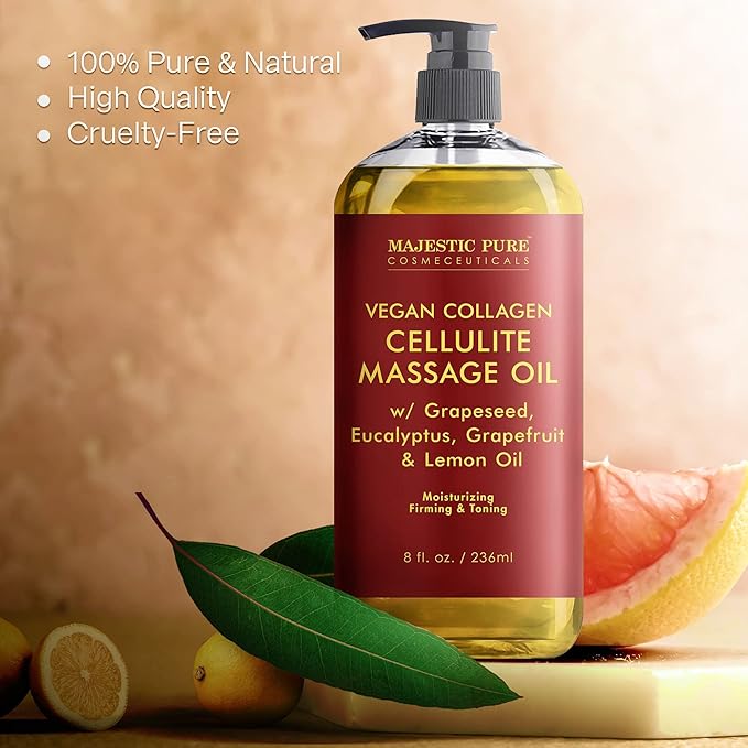 MAJESTIC PURE Anti Cellulite Massage Oil - with Vegan Collagen & Stem Cells, Cellulite Cream for Skin Tightening and Cellulite Remover in Thighs and Butt - 8 fl oz