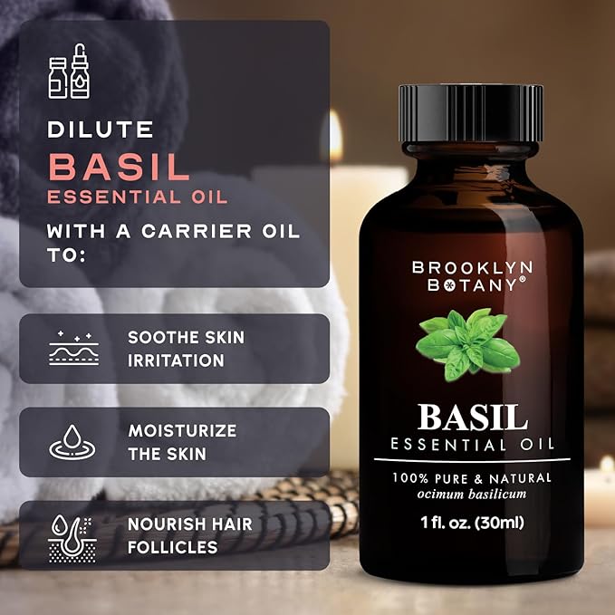 Brooklyn Botany Basil Essential Oil – 100% Pure and Natural – Premium Grade Oil with Dropper - for Aromatherapy and Diffuser - 1 Fl Oz