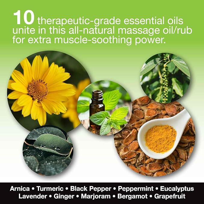 Skinsations – Hemp Massage Oil & Sore Muscle Rub | 100% Organic, 10 Essential Oils for Natural Relief, Arnica, Turmeric, Peppermint, Lavender in a Sweet Almond Oil and Hemp Seed Oil Base