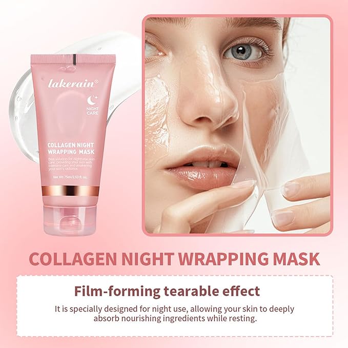 Collagen Night Wrapping Mask, Overnight Peel Off Facial Mask Pack, Reduces Sagging, Hydrates and Tightens Skin, Hydrolyzed Collagen For Glowing, 2.53 fl.oz