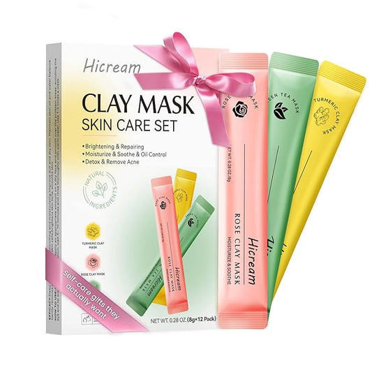 Turmeric Clay Mask, Rose Face Mask & Green Tea Mud Mask 12 PCS - Spa Facial Mask Set Gift for Women & Men, Skin Care Set for Deep Cleansing, Moisturizing, and Refining Pores