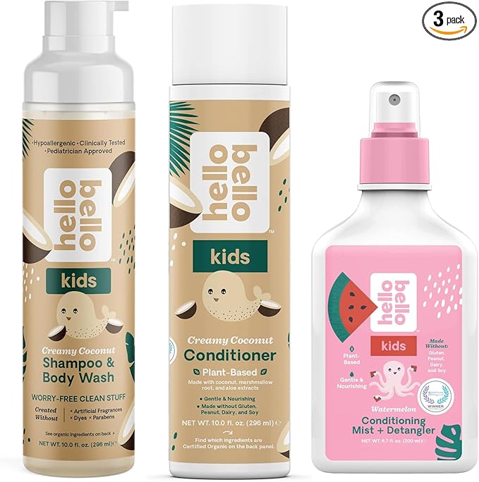 Hello Bello Creamy Coconut Shampoo and Body Wash 10 fl oz, Conditioner 10 Fl Oz, Watermelon Conditioning Mist and Detangler, Gentle, Hypoallergenic, Dermatologist-Tested, Vegan