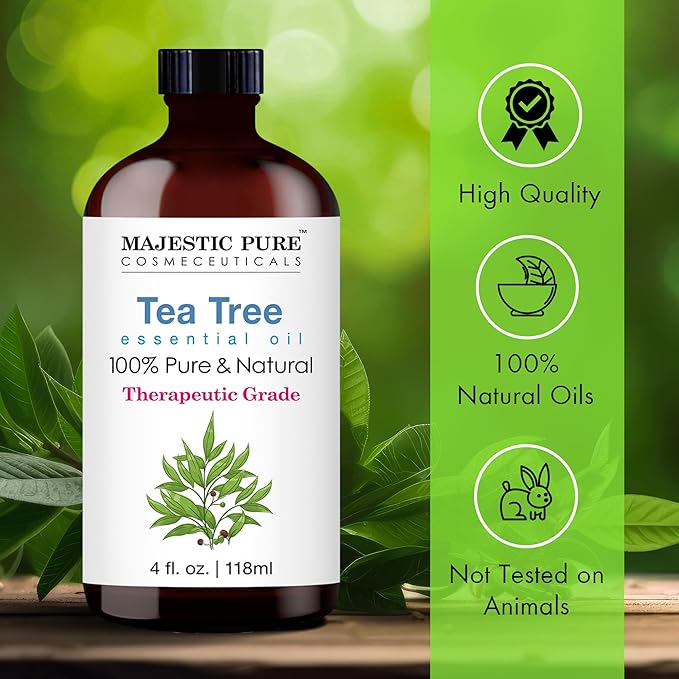 MAJESTIC PURE Tea Tree Essential Oil | 100% Pure and Natural Oil | Therapeutic Grade Essential Oils for Hair Care, Home Diffusers, Skin, Aromatherapy, Massage and Humidifiers | 4 Fl Oz