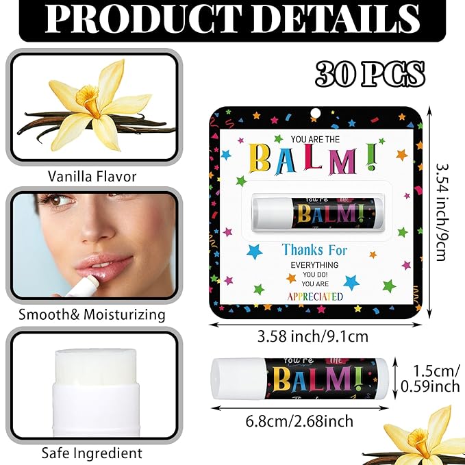 30 Pack Teacher Appreciation Gifts Bulk Lip Balms Employee Staff Team Thank You Gifts Nurse Volunteers Pastor Appreciation Party Gifts Favors for Women Men Coworkers Club You're the Balm