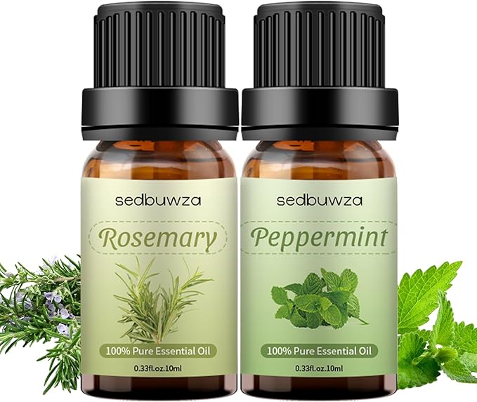 Sedbuwza Rosemary Peppermint Essential Oil Set, Rosemary Fragrance Oil Peppermint Scent Oil Set for Diffuser, Aromatherapy, Massage, Soap, Candle Making 2 x 10 ml
