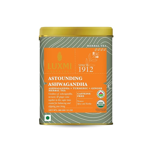 Luxmi Estates - Astounding Ashwagandha - Organic Ashwagandha Tea - Loose Leaf - 100g (50 Cups) | With Ashwagandha, Turmeric, Ginger, Lemongrass & More | Perfect Stress Relief Tea