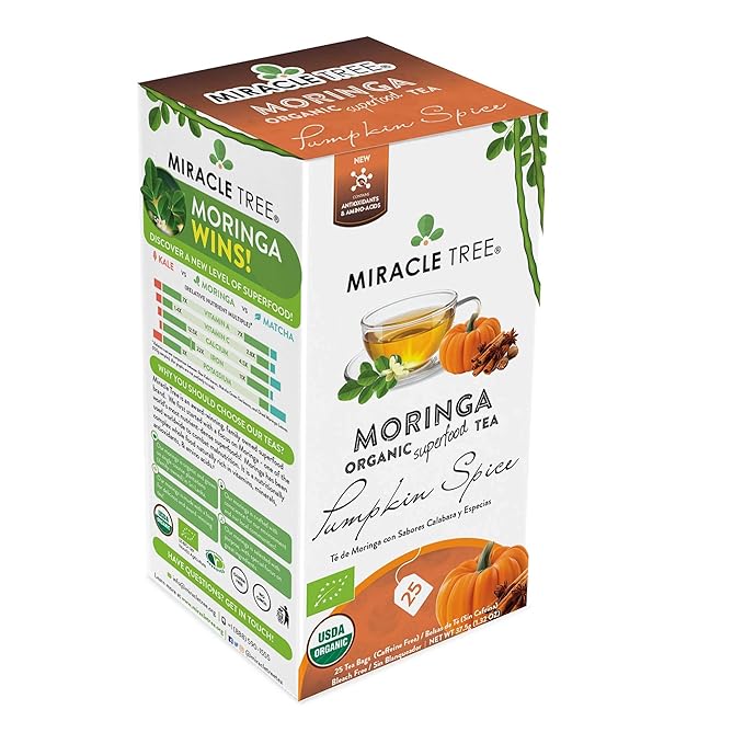 Miracle Tree - 3 Count of Organic Moringa Superfood Tea, 25 Individually Sealed Tea Bags, Pumpkin Spice (Keto, Detox, Energy/Immunity Booster, Vegan, Gluten-Free, Organic, Non-GMO, Caffeine-Free)