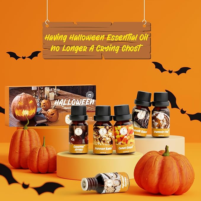Halloween Essential Oils Set, Fragrance Oil Gift Set for Oil Diffusers, Scented Oils 6x10ml - Caramel Apples, Pumpkin Pie, Candy Corn, Halloween Cookies, Chocolate Bars, Popcorn Balls