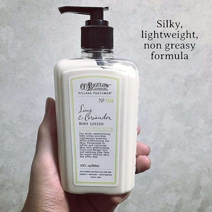C.O. Bigelow Lime Coriander Body Lotion for Women and Men, Village Perfumer Lotion with Olive Oil, Borage Oil, and Aloe Vera Concentrate, 10 fl oz