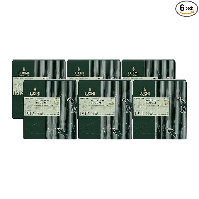 Luxmi Estates - Midnight Bloom - Organic Jasmine Tea - 90 Tea Bags (15ct x 6 Pack) | With Organic Jasmine Buds and Premium Darjeeling Green Tea | Natural Aid to Relieve Stress, Anxiety and Sleep Problems