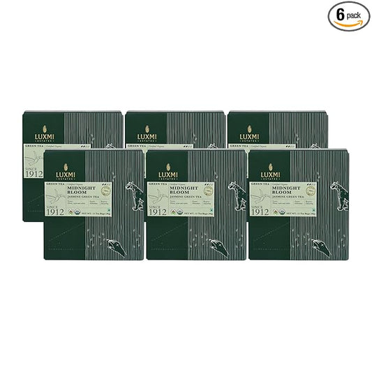 Luxmi Estates - Midnight Bloom - Organic Jasmine Tea - 90 Tea Bags (15ct x 6 Pack) | With Organic Jasmine Buds and Premium Darjeeling Green Tea | Natural Aid to Relieve Stress, Anxiety and Sleep Problems
