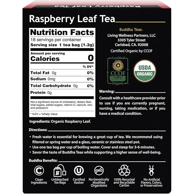 Organic Raspberry Leaf Tea - Kosher, Caffeine-Free, GMO-Free - 18 Bleach-Free Tea Bags