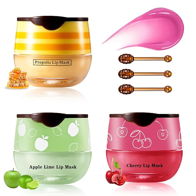 Honey Pot Lip Balm,3PCS Bee Lip (Honey+Apple+Cherry)
