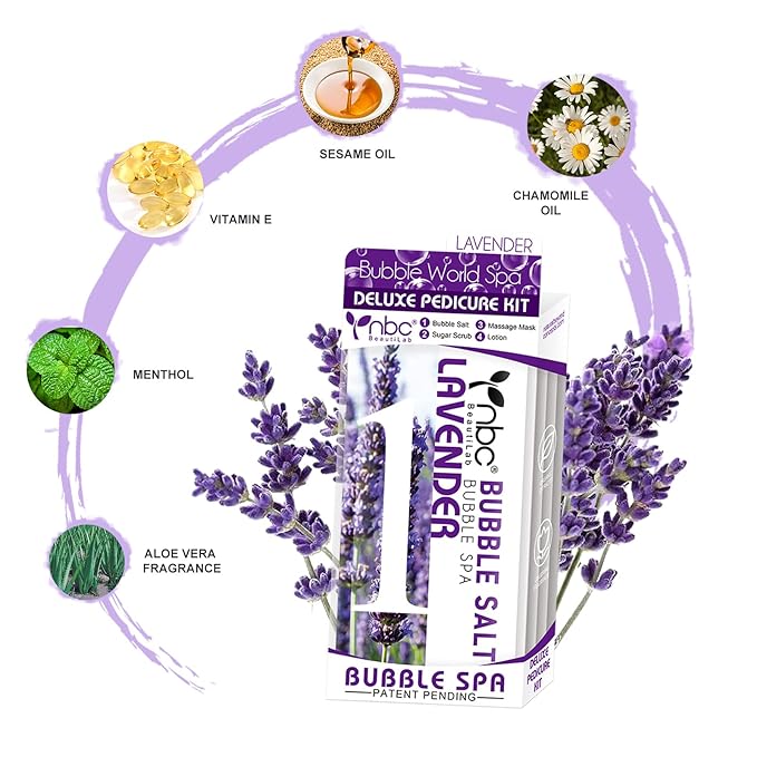 Pedicure Kit Foot Soak Set: Bubble Salt, Sugar Scrub, Massage Mask, Massage Lotion in a Box, 4 Step Foot Spa Kit for Dry Feet,Tired Feet（1 Set Lavender)