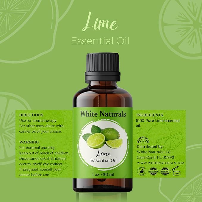 White Naturals Lime Essential Oil – 100% Pure & Natural Cold-Pressed Lime Oil, Fresh & Uplifting Citrus Aroma, Ideal for Aromatherapy, Cleaning & DIY Skin Care, 1oz