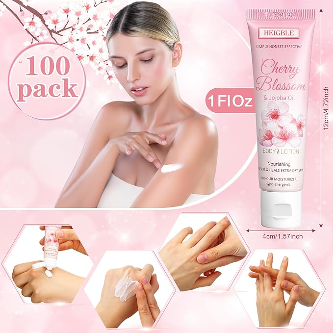 100 Pack Travel Size Body Lotion Cherry Blossom and Jojoba Oil Body Cream 1 oz Dry Skin Moisturizer with Flip Cap for Extra Dry Skin, Inns, Hotels Resorts, Airlines, Offices, Gyms and More