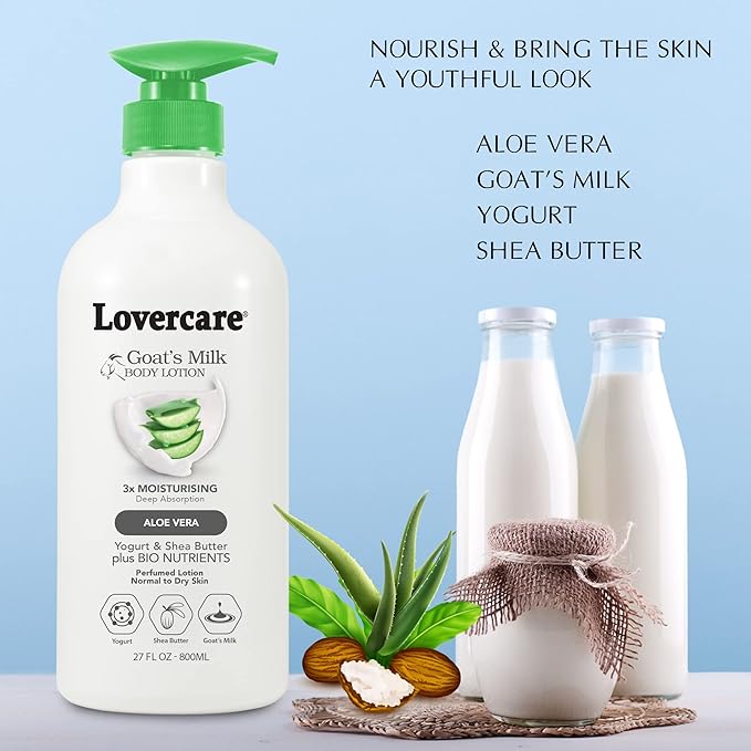 Lovercare Goat Milk Body Lotion for Dry Skin Aloe Vera 27.05 oz (800ml) - Single…