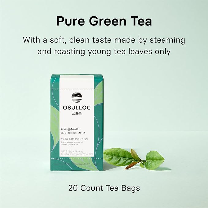 OSULLOC Pure Green Tea (Mild, Clean tasting Aroma), USDA Organic, Premium Blended Tea from Jeju, Tea Bag Series 20 count