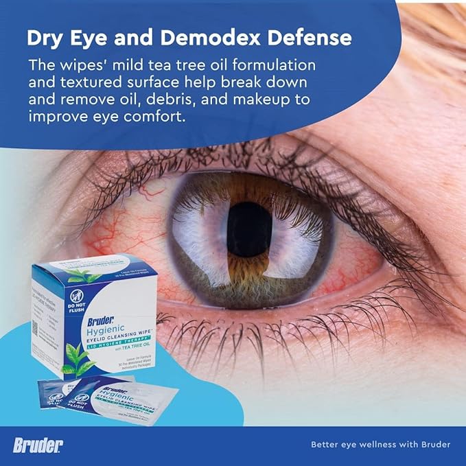Hygienic Eyelid Cleansing Wipes with Tea Tree Oil l Relief from Demodex l Pre-Moistened, Rinse-Free Exfoliating Wipes Remove Excess Oil and Debris from Eyelids & Lashes l 30 Count Box (3 Pack)