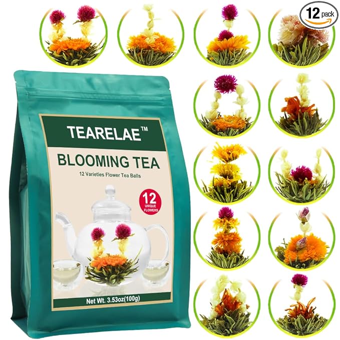 TEARELAE Blooming Tea Flowers - 12pcs Individually Sealed Flowering Tea Balls - Hand-Tied Natural Green Tea Leaves & Edible Flowers - Gifts For Tea Lovers
