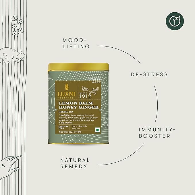 Luxmi Estates - Lemon Balm Honey Ginger - 50g (25 cups) | Organic Lemon Balm Tea with Honey and Ginger Root | Great for Soar Throat, Immunity and Stress Relief