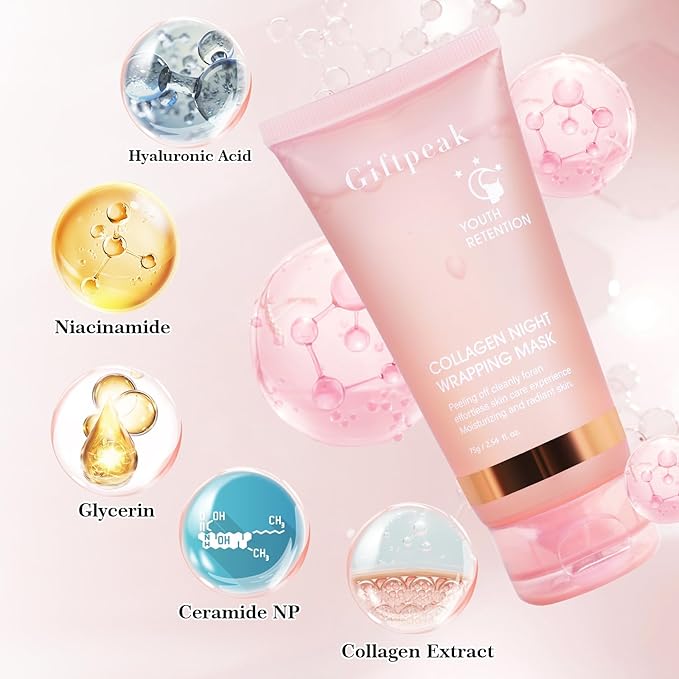 Collagen Night Wrapping Mask,Collagen Mask for Women Peel off Face Mask Overnight for Elasticity & Hydration,Reduces Sagging, Elasticity & Hydration Care, 3.38fl.oz (Brush Included)