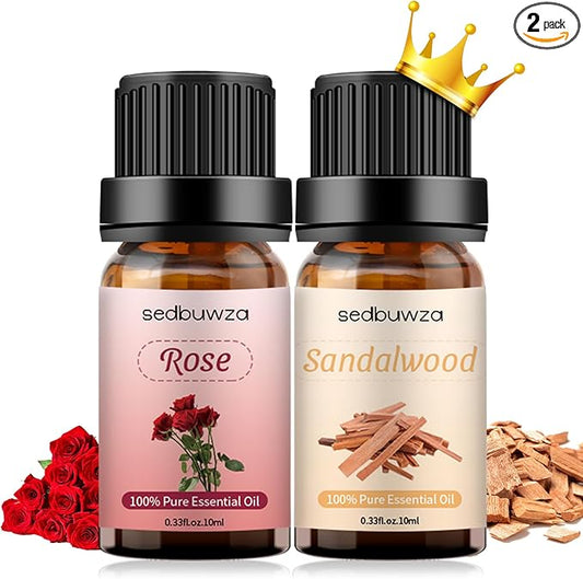 Sedbuwza Rose Sandalwood Essential Oil Set, Rose Fragrance Oil Sandalwood Scent Oil Set for Diffuser, Aromatherapy, Massage, Soap, Candle Making 2 x 10 ml