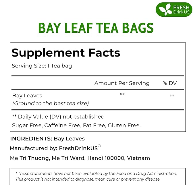 FreshDrinkUS, Premium 40 Bay Leaf Tea Bags, 100% Natural & Pure from Bay Leaves. Loose Leaf Bay Herbal Tea. Made with Natural Material Tea Bags, No Sugar, No Caffeine, No Gluten, Vegan.
