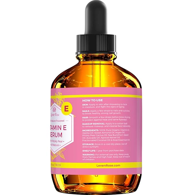 Leven Rose Vitamin E Oil Serum 100% Pure Organic All Natural for Face, Dry Skin Moisturizer, Hair & Nail Growth, Pure Makeup Remover, Cleansing Oil Large 4 oz