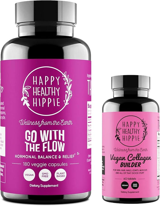 Happy Healthy Hippie Vegan Collagen Builder & Go with The Flow Hormone Balance for Women 180 Ct