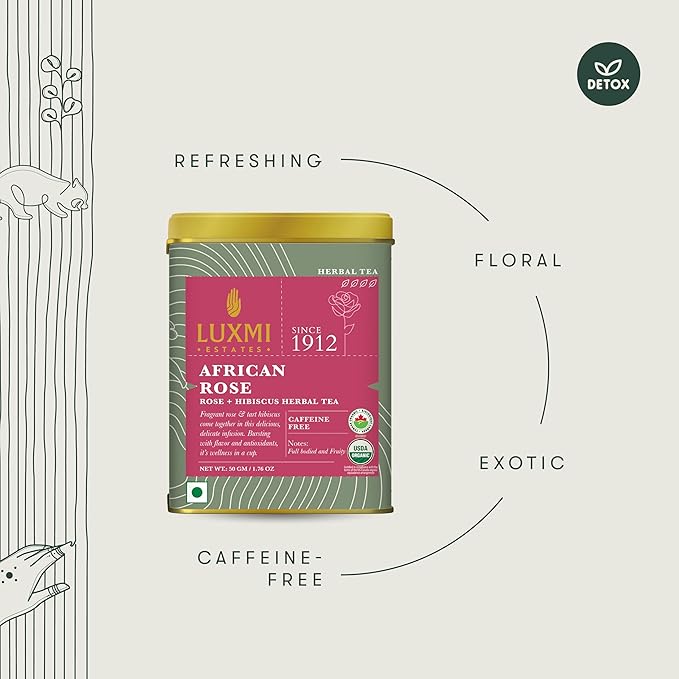 Luxmi Estates - African Rose - Organic Hibiscus Rose Tea - Loose Leaf - 50g (25 Cups) | With Soothing Rose and Hibiscus | Great for Skin DeTox - Supports a Healthy Glow