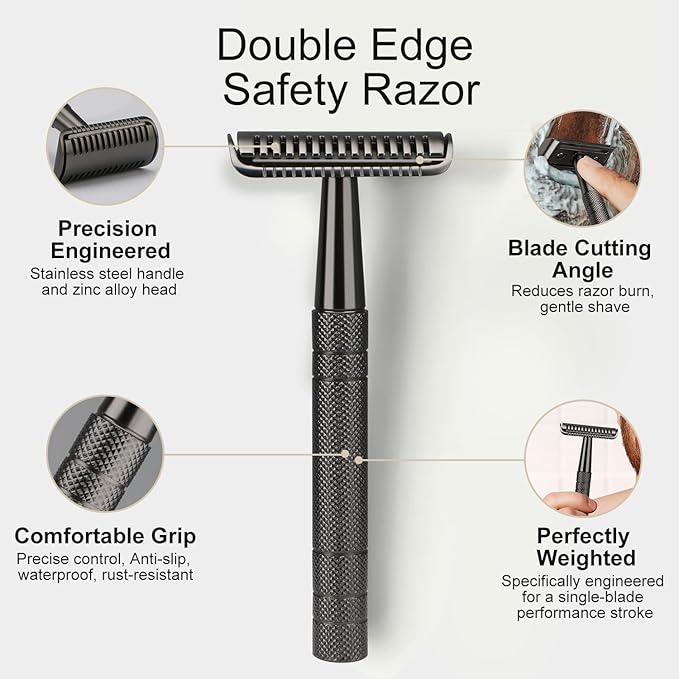 Black Safety Razor, Single Blade Razors for Men, with 10 Double Edge Blades, Long and Heavy Duty Stainless Steel Handle, Reusable Metal Eco-Friendly Razor, Plastic Free, Smooth Shave