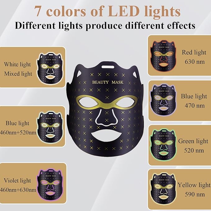 Red Light Therapy For Face,Led Face Mask Light Therapy, 7 Color Red Light Therapy Mask, Rechargeable,Portable,Household Led Face Mask (Black)