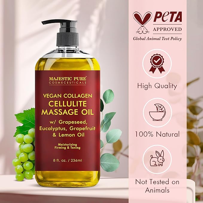MAJESTIC PURE Anti Cellulite Massage Oil - with Vegan Collagen & Stem Cells, Cellulite Cream for Skin Tightening and Cellulite Remover in Thighs and Butt - 8 fl oz
