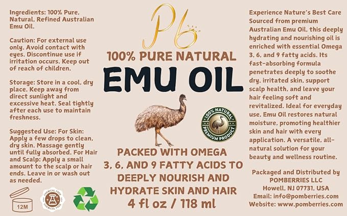 Emu Oil, 100% Pure Australian Emu Oil – Refined & Unscented – Natural Moisturizer for Hair, Skin, Face & Body – Helps with Scars, Dry Skin & Massage – 4 fl oz Glass Bottle