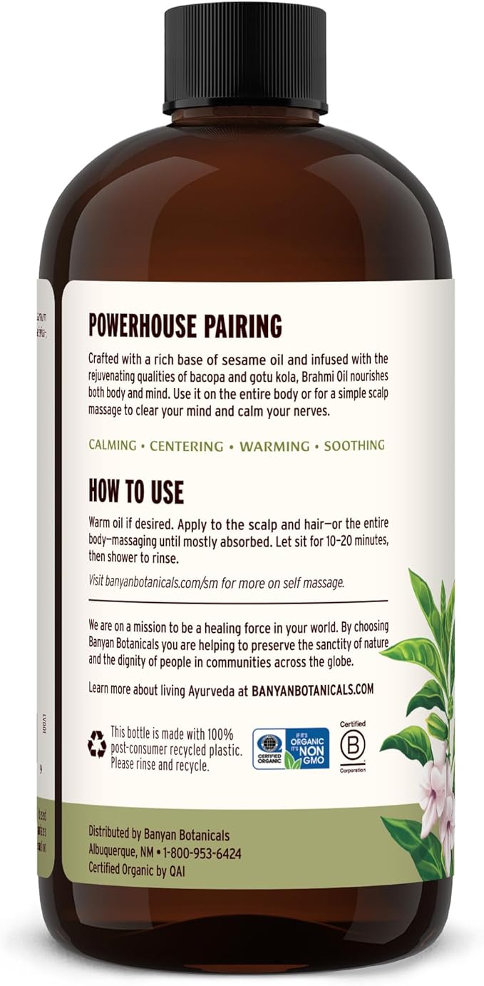 Banyan Botanicals Brahmi Oil with Sesame – Organic Ayurvedic Massage Oil with Gotu Kola and Bacopa ­­– Calming Massage Oil for Focus & Relaxation – 24 oz – Non GMO Sustainably Sourced Abhyanga Oil