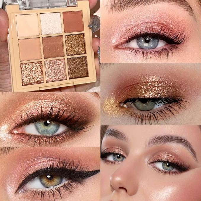 9Colors Nude Champagne Gold Rose Brown Colorful Glitter Eyeshadow Palette Makeup,Korean Natural Neutral Rainbow Eyeshadow Palettes Highly Pigmented Naturing-Looking Long Lasting Waterproof Blendable