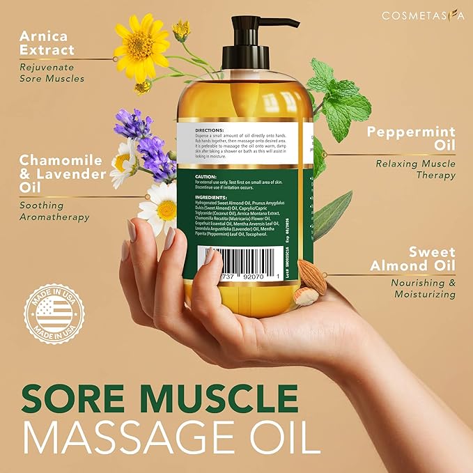Cosmetasa Massage Oil for Sore Muscles with Roller Ball - Soothes Joints & Muscles with Arnica, Lavender Oil, Peppermint Oil & Chamomile Extract, Unisex