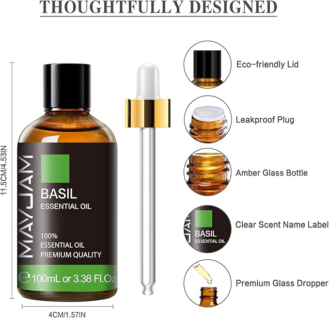 Basil Essential Oil 100ml, MAYJAM Premium Essential Oils for Aromatherapy, Diffuser, Soap Making, Candle Making, Large Bottle Basil Oil with Gift Box(3.38fl.oz)