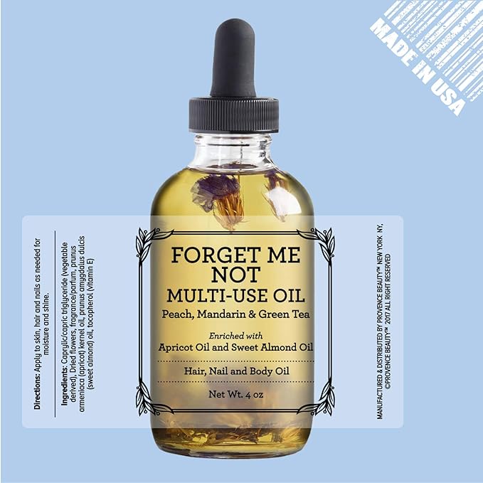 Multi-Use Oil for Face, Body and Hair - Forget Me Not - Organic Blend of Apricot, Vitamin E and Sweet Almond Oil Moisturizer for Dry Skin, Scalp and Nails - Peach, Mandarin and Green Tea - 4 Fl Oz