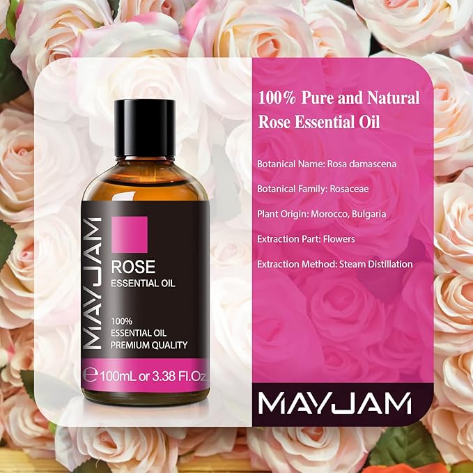 Rose Essential Oil, MAYJAM Premium Pure Essential Oils for Diffusers for Home, 3.38FL.OZ Large Volume Rose Oil for Soap Candle Making Massage